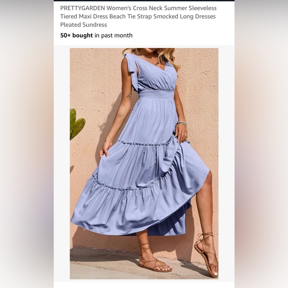 PRETTYGARDEN Lavender Tie-Shoulder Smocked Waist Tiered Maxi Dress
